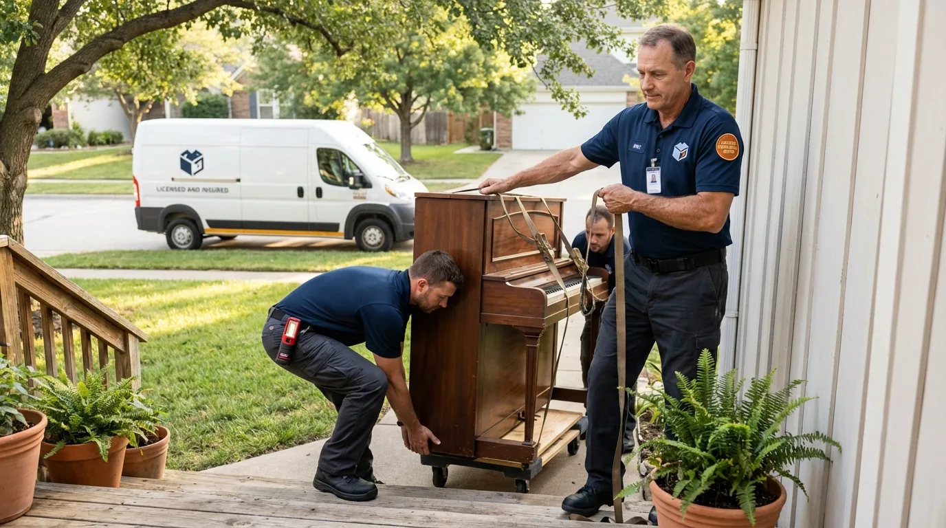Licensed piano movers securing grand piano in Springfield, PA