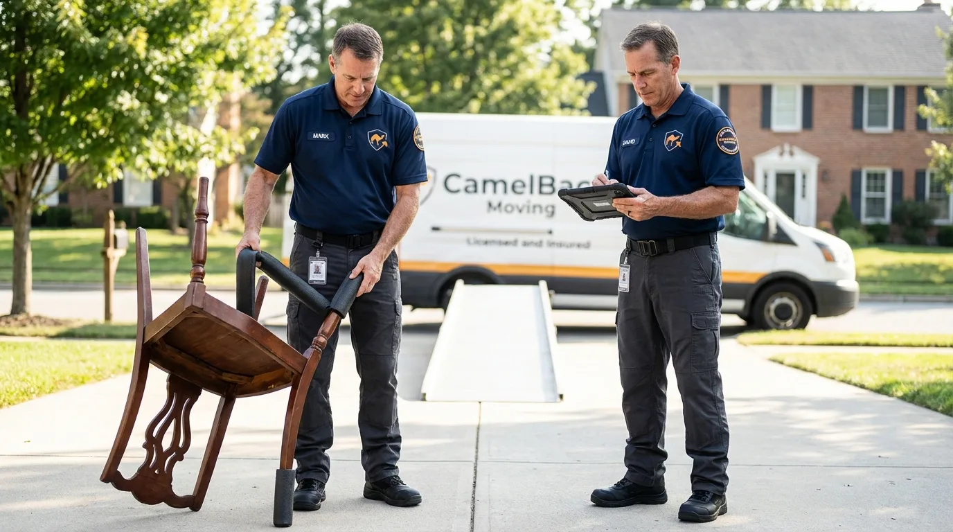 Movers inspecting furniture for damage prevention before loading in Springfield, PA