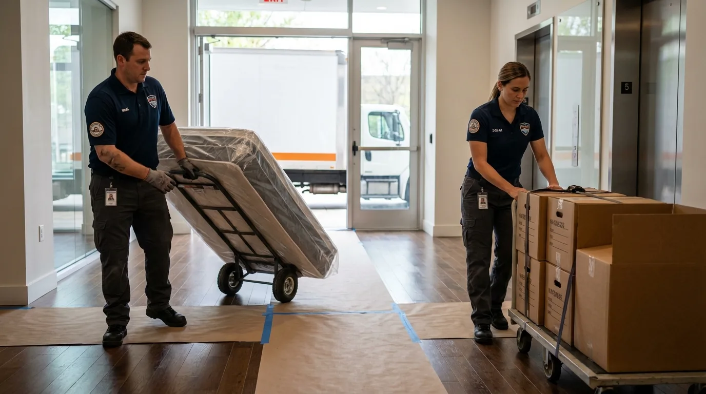 Professional apartment movers loading elevator in Springfield, PA
